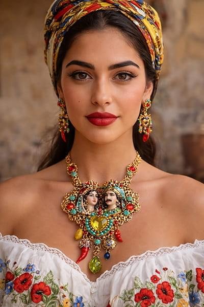 Donna che indossa una collana siciliana artigianale